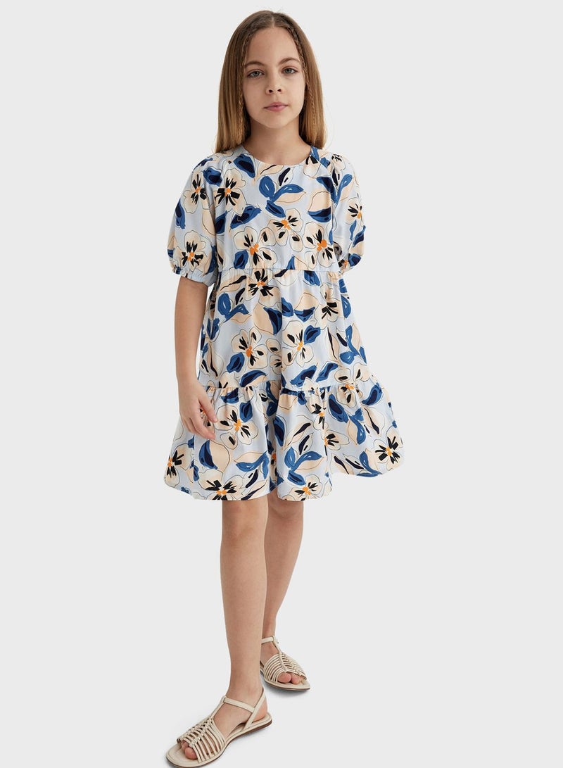 Girl Patterned Short Sleeve Poplin Dress