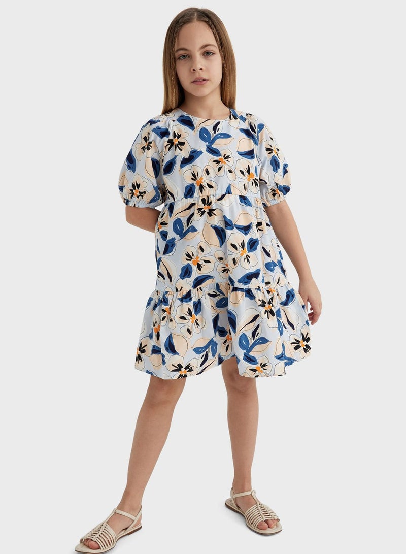 Girl Patterned Short Sleeve Poplin Dress