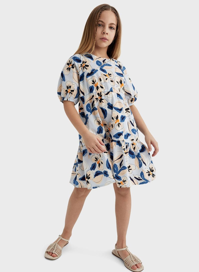 Girl Patterned Short Sleeve Poplin Dress