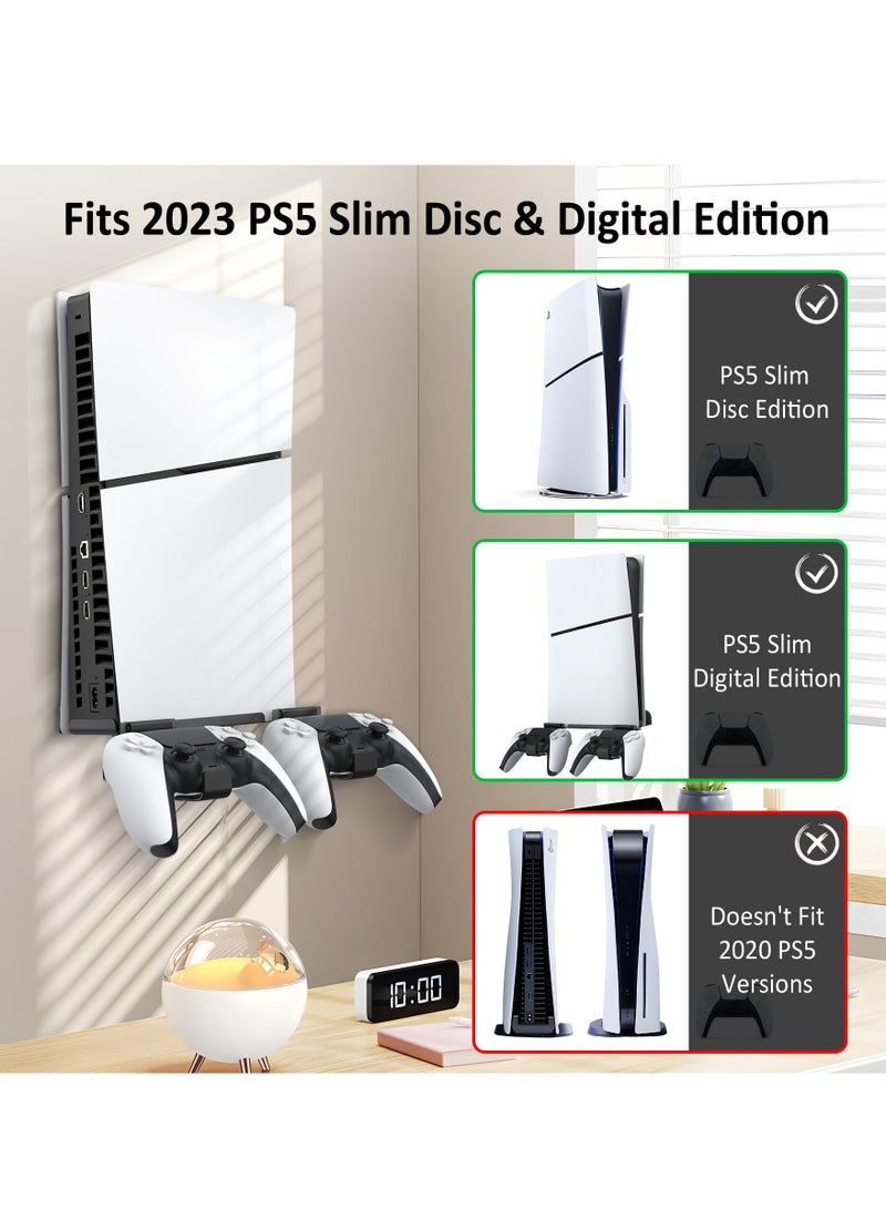 Wall Mount for PS5 Slim 2023 (Disc and Digital Edition), Wall Mount Stand with 2 Removable Controller Holder, Upgraded Floating PS5 Wall Mount Kit with Screw Fixing (Black)