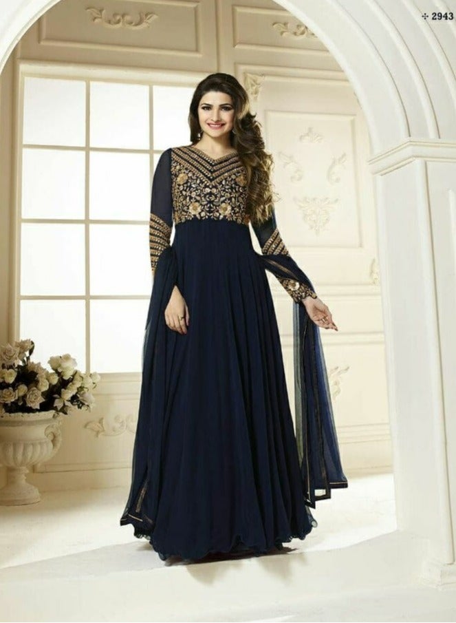 Stylish Party Wear Plain Flair Blue Georgette Gown With neck Work Semi Stitched Pakistani Style Dress