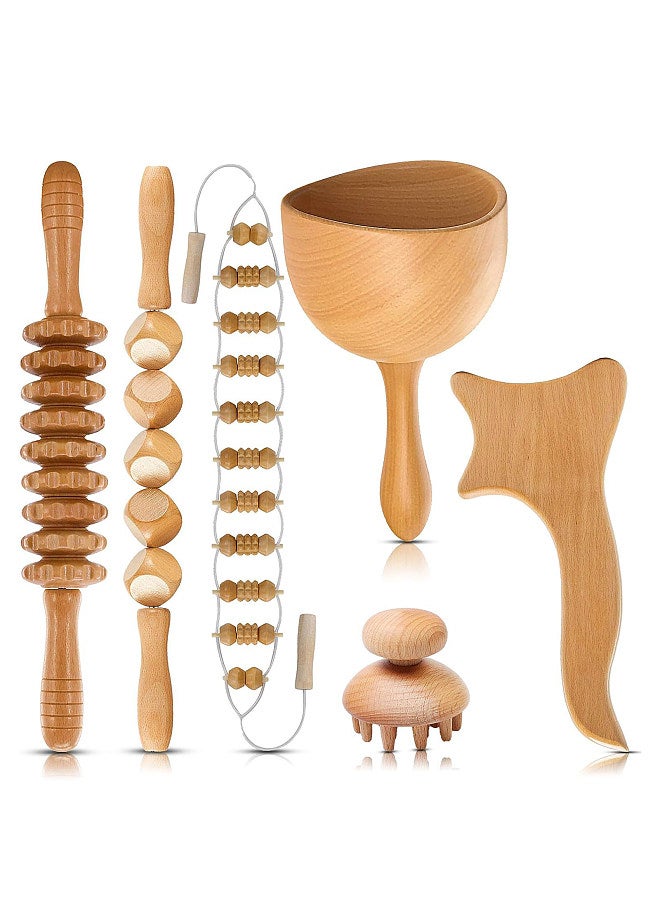 Wooden Massage Set Muscle Roller Stick Gua Sha Tools Lymphatic Drainage Massage Cup Head Massager Fascia Relaxation Tool Kit