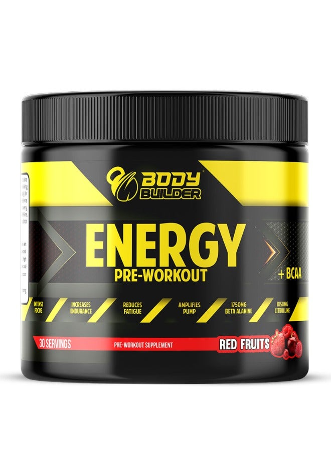 Body Builder Energy Pre workout + BCAA - Red Fruit Flavor, 30 Servings (225gm)