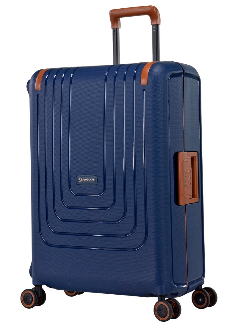 Vertica Hard Case Travel Bag Medium Luggage Trolley Polypropylene Lightweight Suitcase 4 Quiet Double Spinner Wheels With TSA Lock B0006 Dark Blue Brown Trim