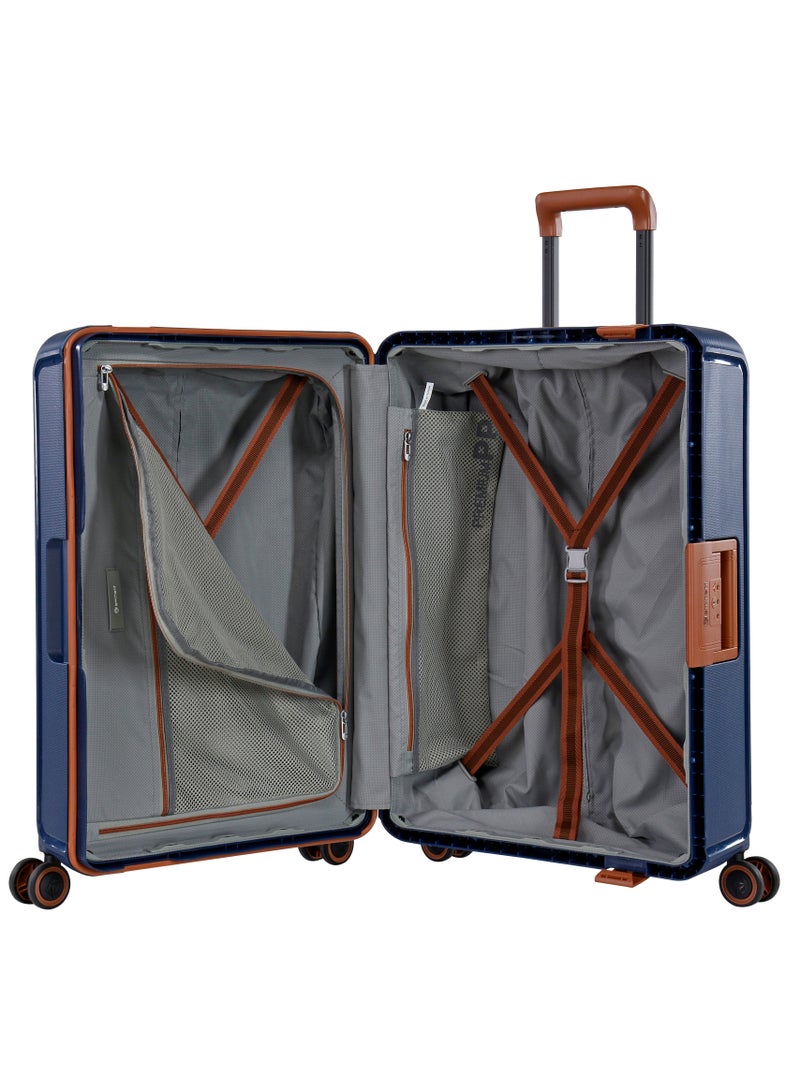 Vertica Hard Case Travel Bag Medium Luggage Trolley Polypropylene Lightweight Suitcase 4 Quiet Double Spinner Wheels With TSA Lock B0006 Dark Blue Brown Trim