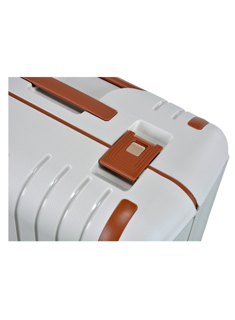 Vertica Hard Case Travel Bag Cabin Luggage Trolley Polypropylene Lightweight Suitcase 4 Quiet Double Spinner Wheels With TSA Lock B0006 Off White Brown Trim