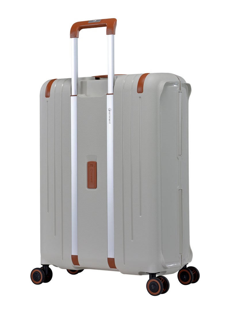 Vertica Hard Case Travel Bag Cabin Luggage Trolley Polypropylene Lightweight Suitcase 4 Quiet Double Spinner Wheels With TSA Lock B0006 Off White Brown Trim
