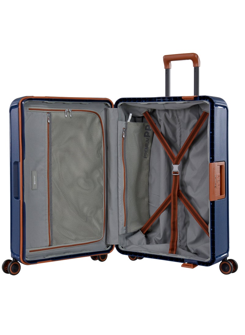 Vertica Hard Case Travel Bag Large Luggage Trolley Polypropylene Lightweight Suitcase 4 Quiet Double Spinner Wheels With TSA Lock B0006 Dark Blue Brown Trim