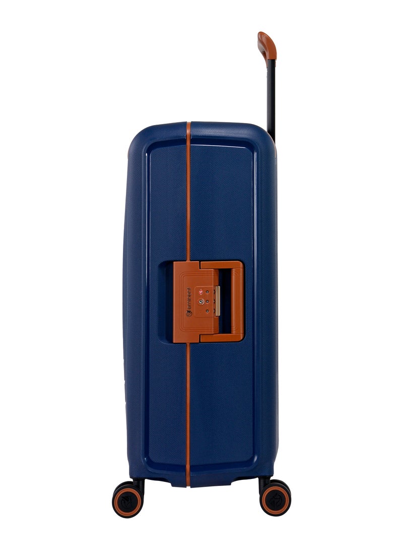 Vertica Hard Case Travel Bag Large Luggage Trolley Polypropylene Lightweight Suitcase 4 Quiet Double Spinner Wheels With TSA Lock B0006 Dark Blue Brown Trim