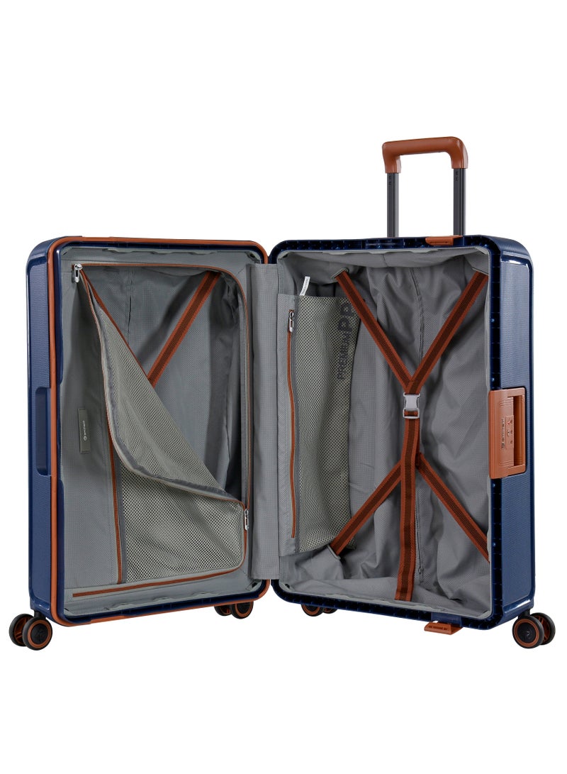 Vertica Hard Case Travel Bag Large Luggage Trolley Polypropylene Lightweight Suitcase 4 Quiet Double Spinner Wheels With TSA Lock B0006 Dark Blue Brown Trim