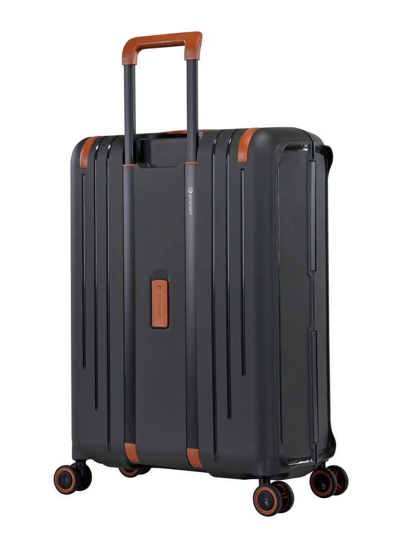Vertica Hard Case Travel Bag Cabin Luggage Trolley Polypropylene Lightweight Suitcase 4 Quiet Double Spinner Wheels With TSA Lock B0006 Dark Grey Brown Trim