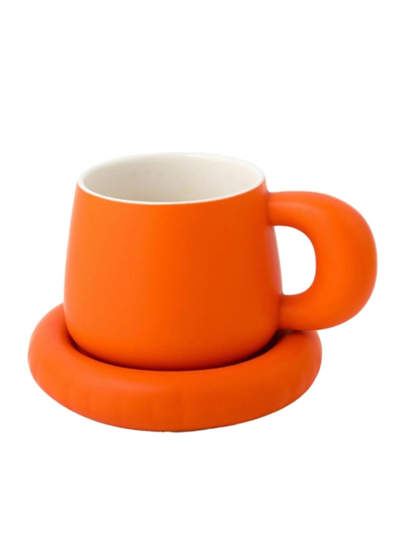 Cottage Rose CAPIJIONG 280ml/9.5oz Minimalist Large Belly Ceramic Mug, Couple Creative Ceramic Coffee Cup And Plate Set  for Tea, Coffee, Capaccino, Latte (orange)