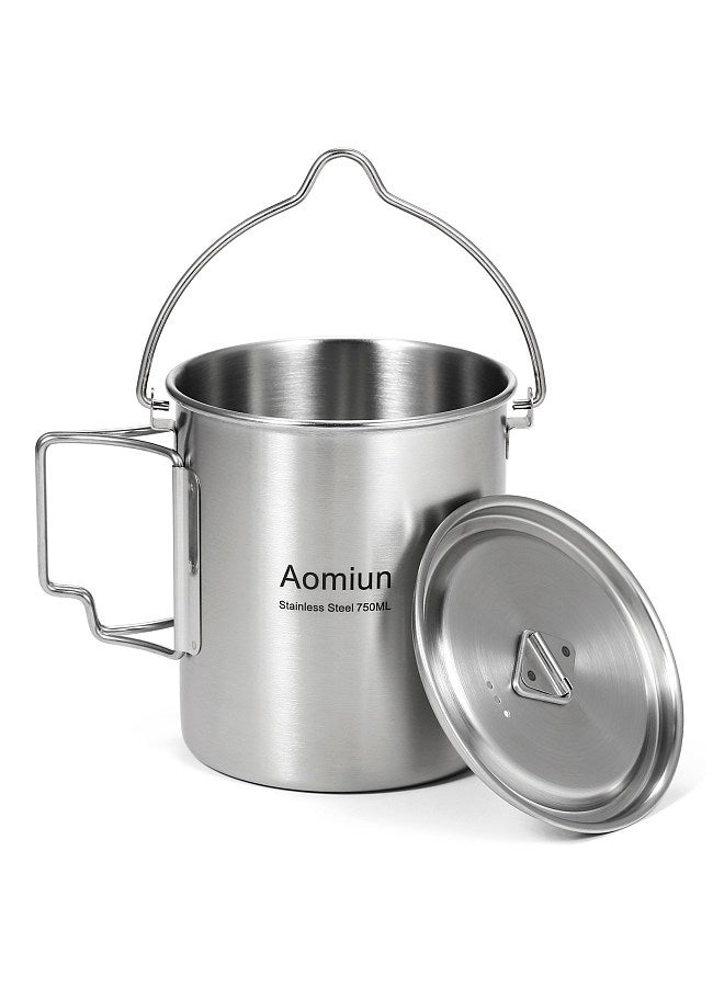Aomiun 750ml Stainless Steel Pot Portable Water Mug Cup with Lid and Foldable Handle Outdoor Camping Cooking Picnic