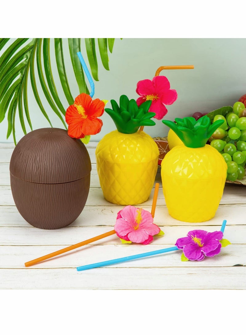 Pineapple Coconut Cups, Tropical Hawaiian Flavor Cups with Lids and Straws for Party Carnival Celebrations Birthday Hawaiian parties（12Pcs）