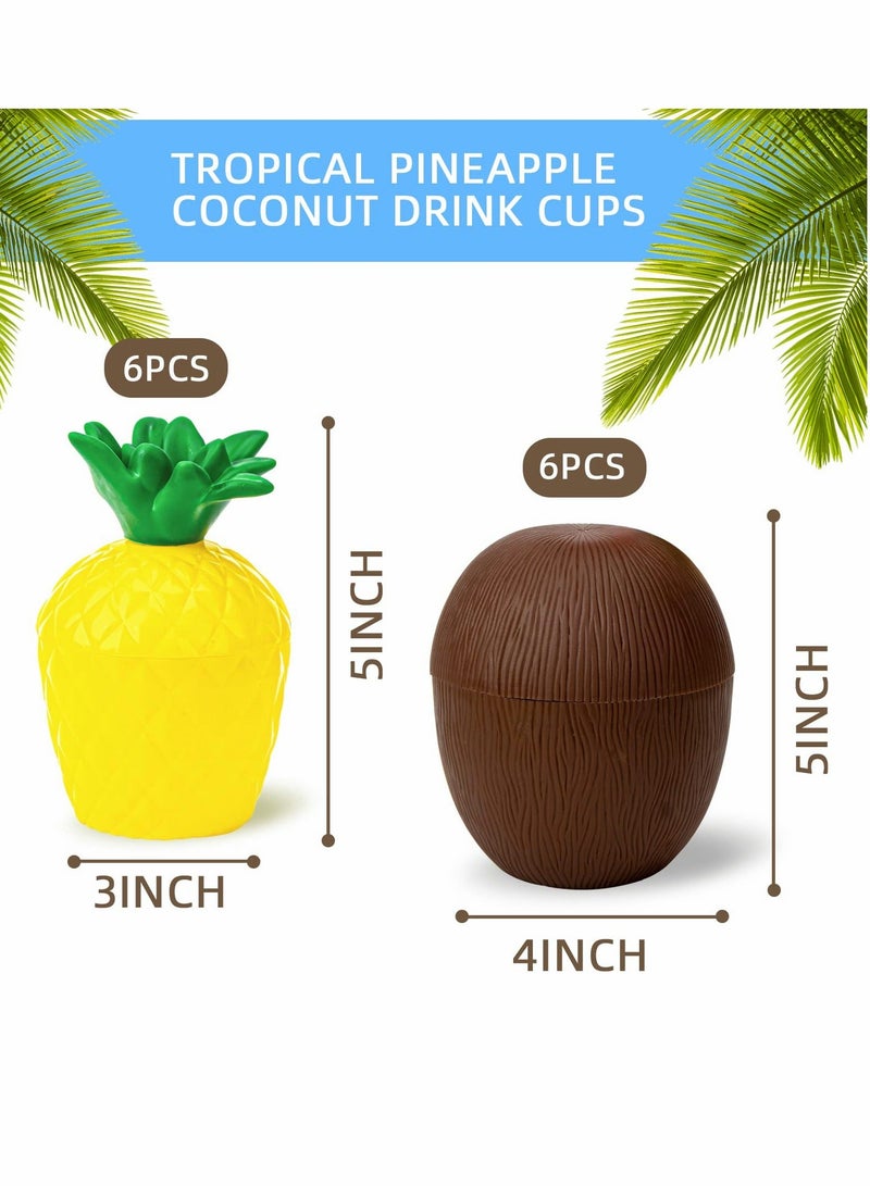 Pineapple Coconut Cups, Tropical Hawaiian Flavor Cups with Lids and Straws for Party Carnival Celebrations Birthday Hawaiian parties（12Pcs）