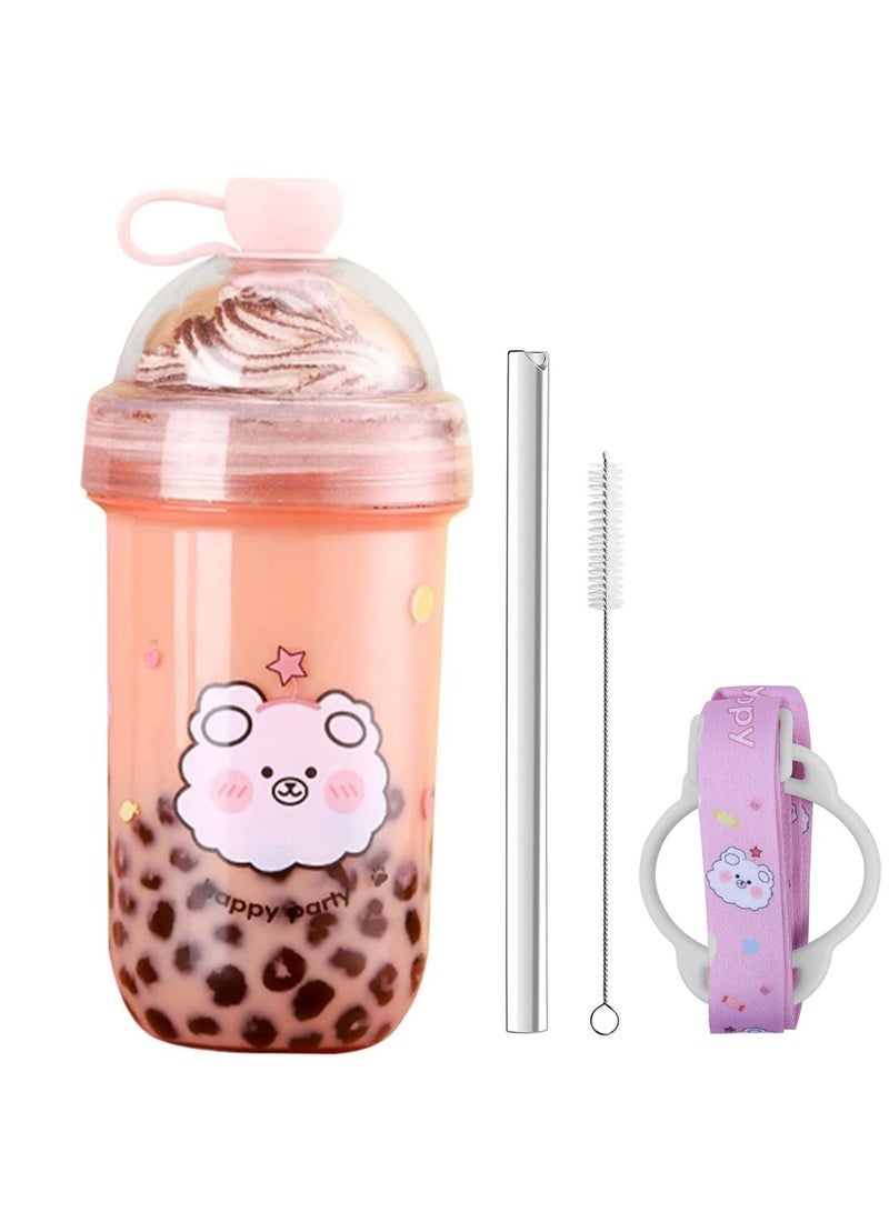 Bubble Tea Cup Reusable Plastic Tumbler with Straw Ice Coffee Tumbler Lid and Strap Wide Mouth Tea Cups, Straw Cup for Boba Coffee Drinks 23oz or 680ml BPA Free Dishwasher Safe Pink