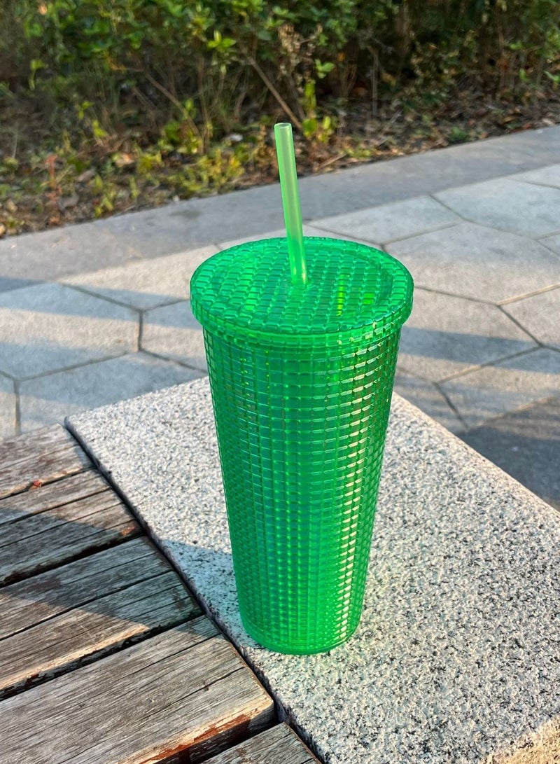 Grid Plastic Cold-Cup Tumbler with Straw, Semi-Transparent Square-Textured Cup, BPA-Free Double-Wall Cup for Iced Coffee, Cold Drinks, or Water, 24oz, Green