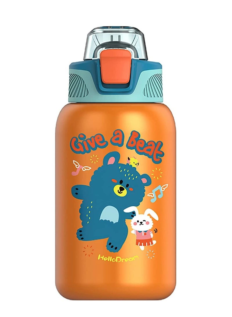 Kids Water Bottles Vacuum Insulated Stainless Steel 18oz Metal Jug Large Cute Kids Toddler Thermos with Straw Lid for School Reusable Double Walled (18oz-Blue Music Bear)