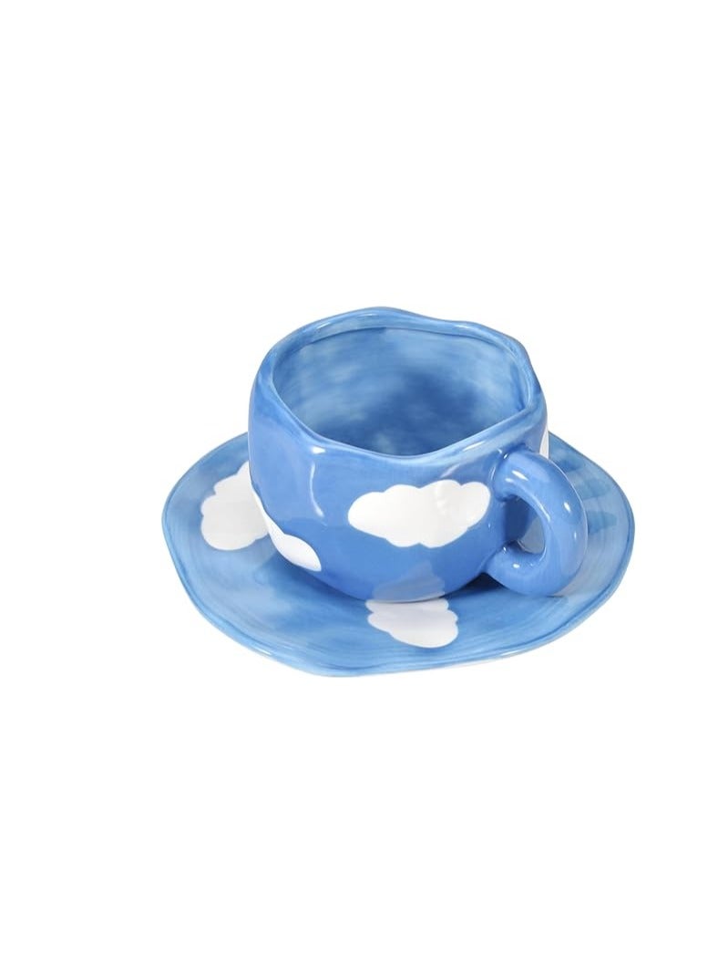 Cottage Rose Ceramic Coffee Mug with Saucer, Cute Unique Handmade Cup for Women for Office and Home, Dishwasher and Microwave Safe, 10 oz/300 ml for Latte Tea Milk (Dark Blue Sky and White Clouds)