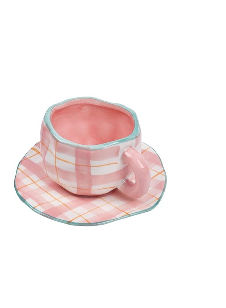 Cottage Rose Ceramic Coffee Mug, Cute Pink Cup for Women with Saucer for Office and Home, Dishwasher and Microwave Safe, 10 oz/300 ml for Latte Tea Milk (Pink Check)