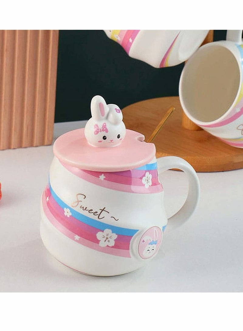 Ceramic Coffee Cups, Cute Rabbit Mug with Lid and Gold Spoon, Funny Ceramic Cups, Novelty Morning Milk Kawaii Cups Tea Mugs Gifts for Friends Coffee Lover, 450 ML, 1 Set, Pink