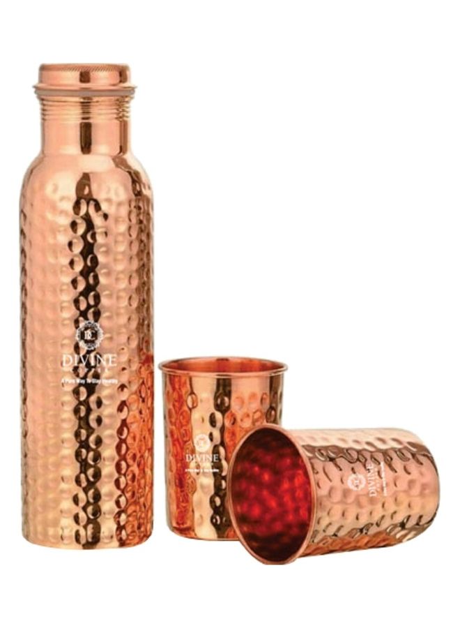 BT-102 Divine Copper Hammered Bottle with 2 Glasses (350milliliter Each) Brown 800grams