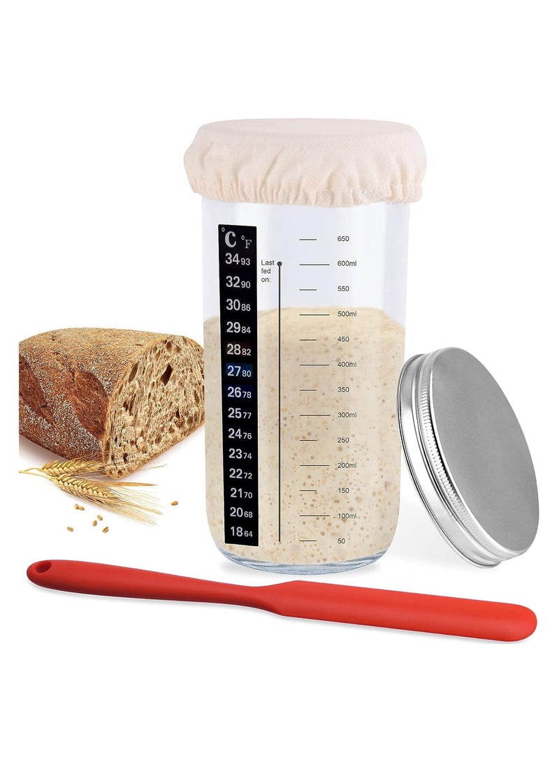 Sourdough Starter Jar Kit, 650ml Wide Mouth Sour Dough Starter Container with Thermometer, Scraper, Cloth Cover and Aluminum Lid, Use for Sourdough Bread Baking Supplies
