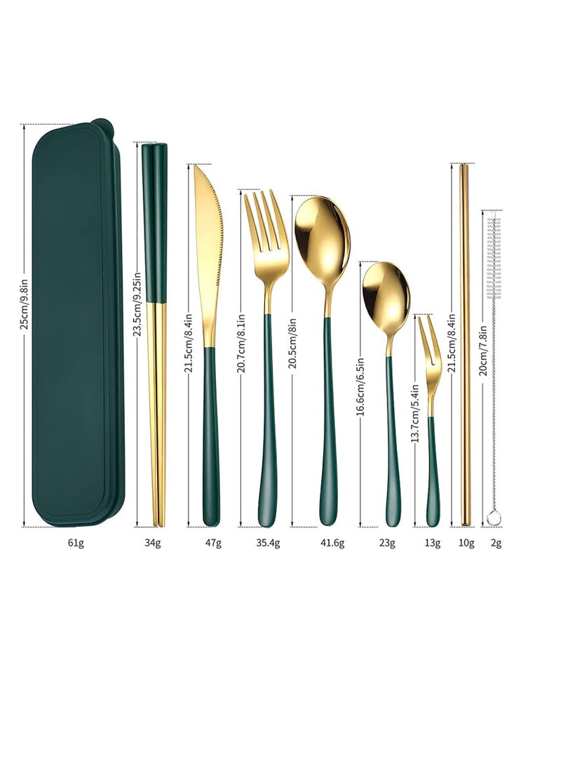 Portable Reusable Cutlery Set, Travel Utensils Set with Case, Stainless Steel Flatware Set Including Knife Fork Spoon Chopsticks Straws Brush, Dishwasher Safe (8Pcs Green golden)