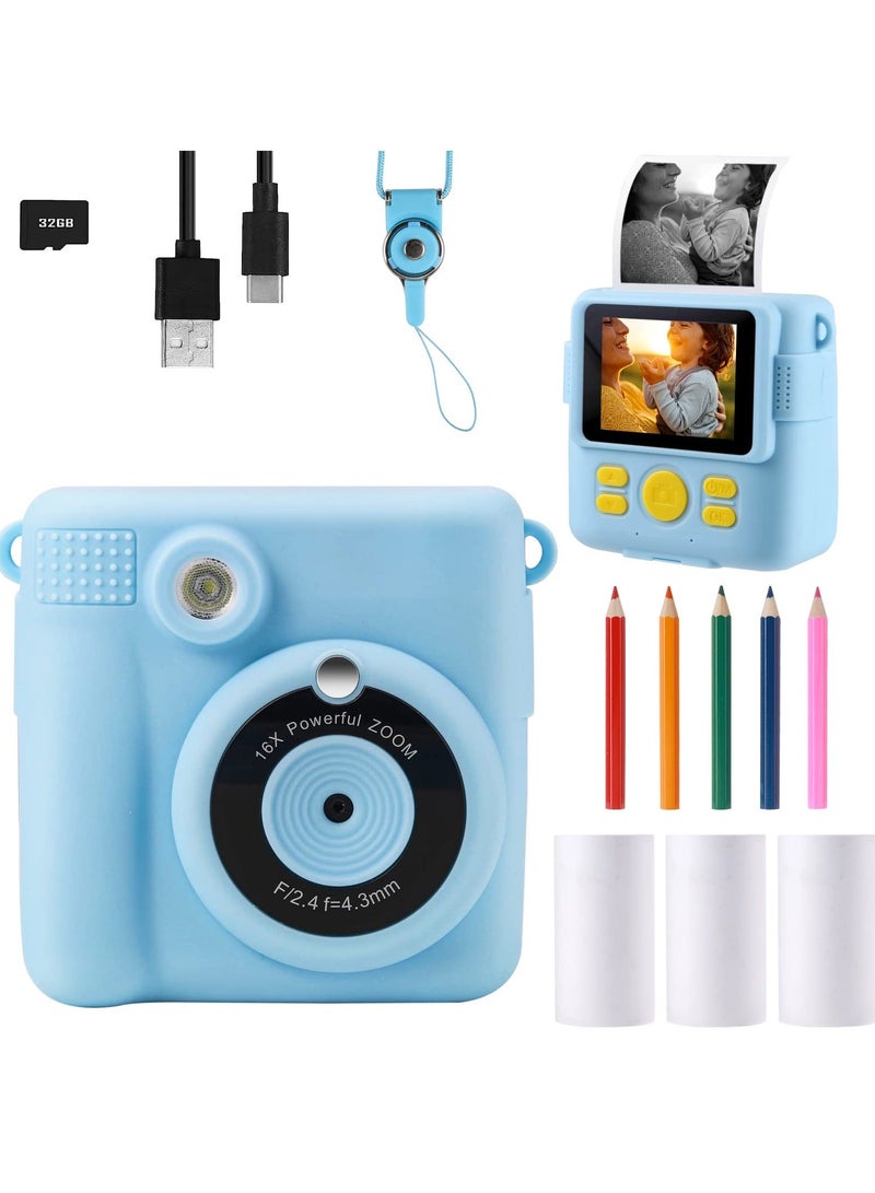 Kids Camera- Instant Print Camera 1080P 2.4 Inch Screen Digital Children Video Camcorder Camera with 16X Digital Zoom, 32GB TF Card, Colored Pens Included