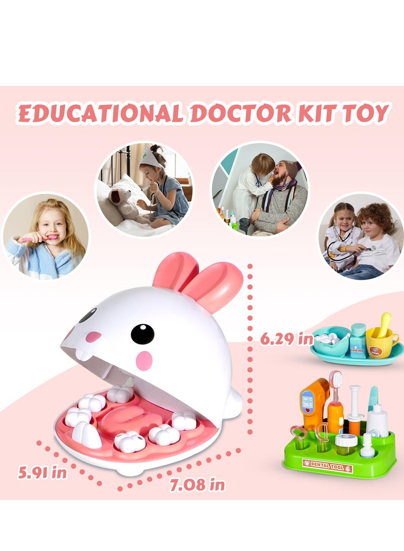 Dentist Kit for Kids - 31 Pcs Doctor Kit for Toddlers 3 - 5 Pretend Play Kit Toys, with Medical Costume & Dental Set, Pink Dentist Pretend Play Gift for Girls