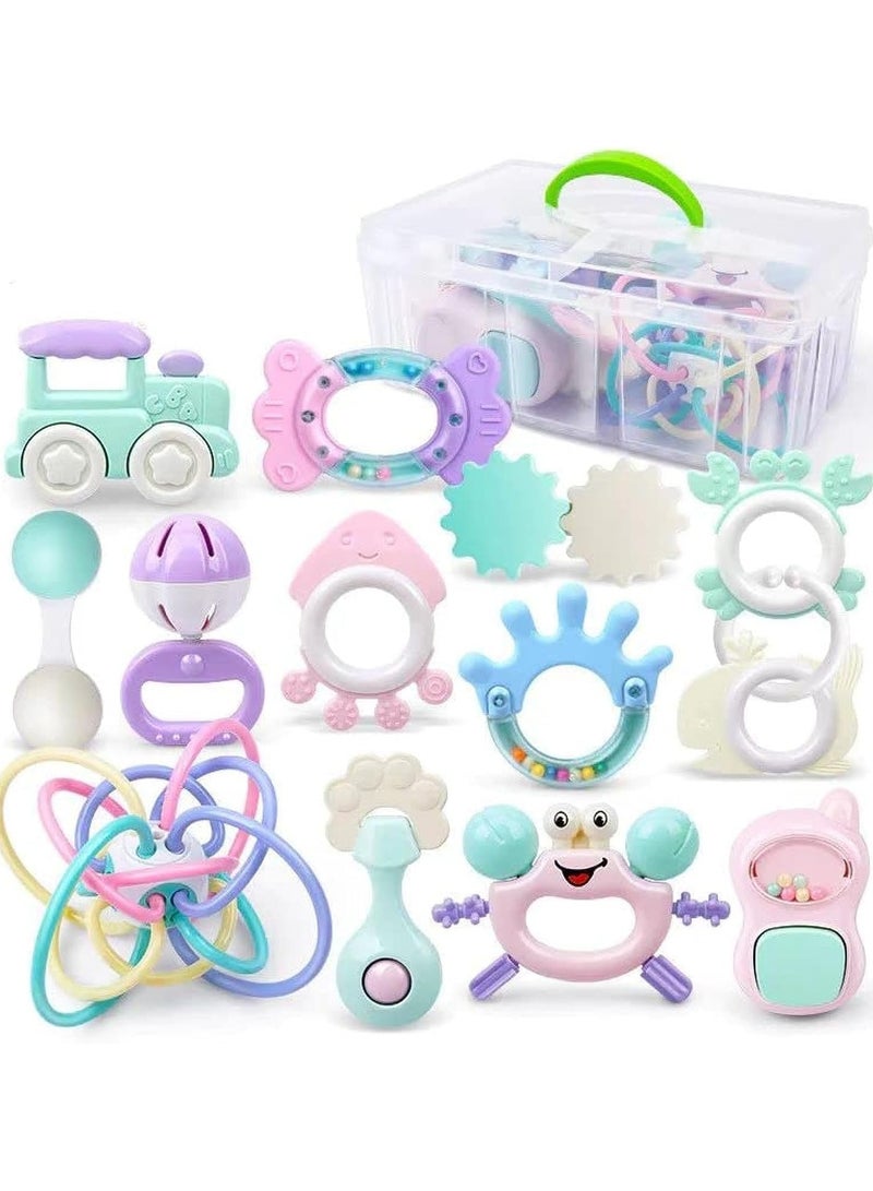 14Pcs Baby Rattles and Teether Toy Set, Shake, Rattle, and Soothe for Early Development and Sensory Learning. Musical Delight for Newborns, Best Gifts for Boys and Girls, Ages 3-12 Months