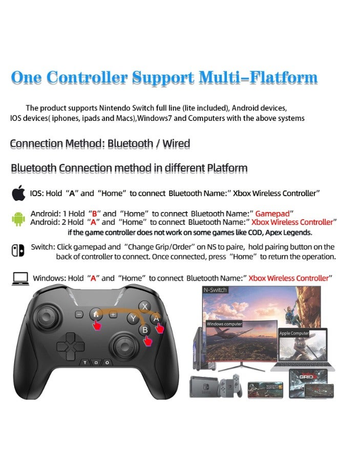 Bluetooth Controller Wireless Gamepad for Switch/Mac/PC/Phone, Remote Game Controller with Custom Programmable Button/Wake Up/Turbo/Screenshot/Gyro Axis, Type-C Rechargeable 15H Long Playtime, Black