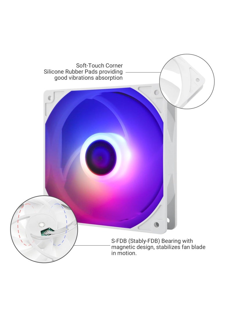 White ARGB CPU Fan for Computer Case or CPU, 120mm Silent Computer Cooling Fan 4pin PWM Computer Cooling Fan with S-FDB Bearing Included, up to 1500RPM Cooling Fan for Case & CPU Cooler