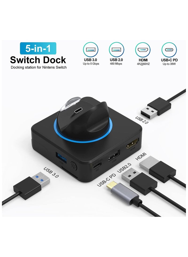 Docking Station for Nintendo Switch, for Switch to HDMI Adapter, Support 4K/60FPS USB 3.0 Port Portable Charging Dock RUBU 5 in 1 Portable Storage Friendly for Travel