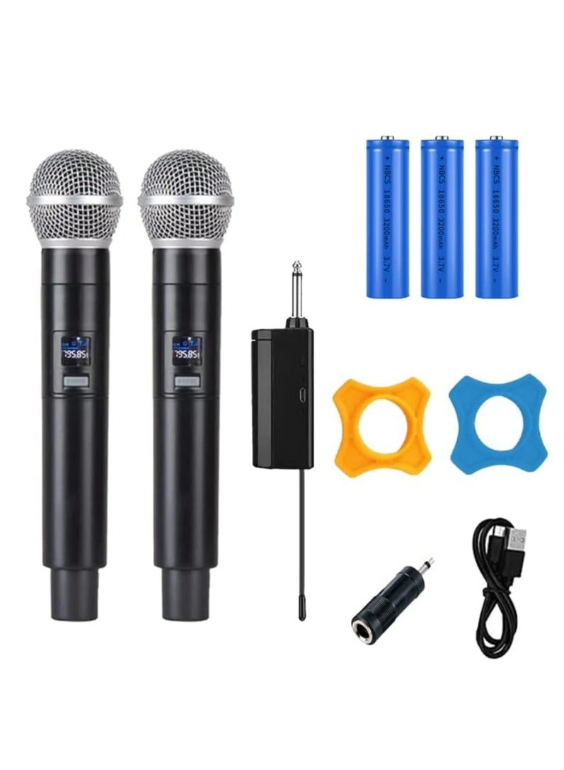 Portable Wireless Microphone System 2 Pcs Mic Professional Battery Operated Handheld Dynamic Unidirectional Cordless Microphone Transmitter Set W/Adapter Receiver
