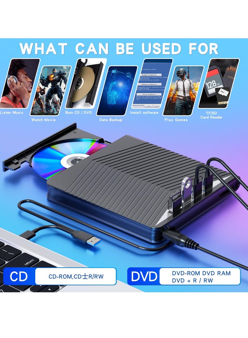 External CD DVD Drive 7 in 1 CD/DVD Burner USB 3.0 with 4 USB Ports and 2 TF/SD Card Slots Optical Disk Drive for Laptop Mac, Compatible with PC Windows /10/8/7 Linux OS