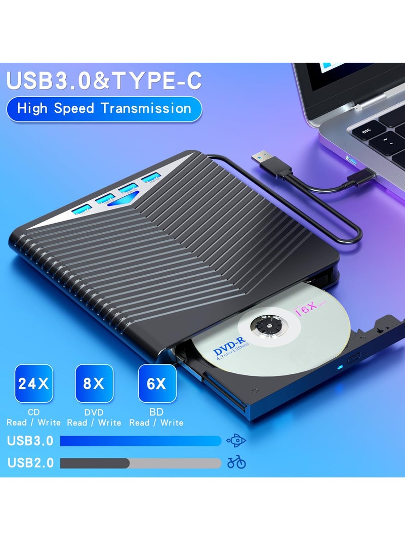 External CD DVD Drive 7 in 1 CD/DVD Burner USB 3.0 with 4 USB Ports and 2 TF/SD Card Slots Optical Disk Drive for Laptop Mac, Compatible with PC Windows /10/8/7 Linux OS