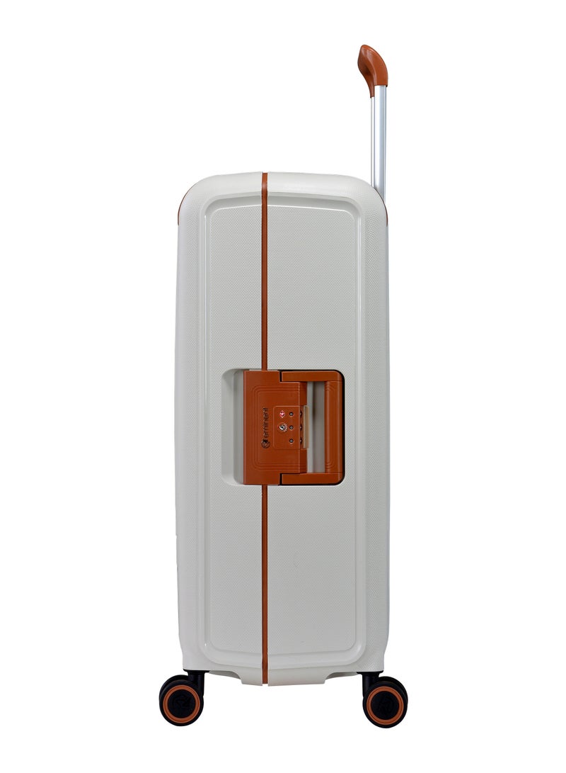 Vertica Hard Case Travel Bag Large Luggage Trolley Polypropylene Lightweight Suitcase 4 Quiet Double Spinner Wheels With TSA Lock B0006 Off White Brown Trim