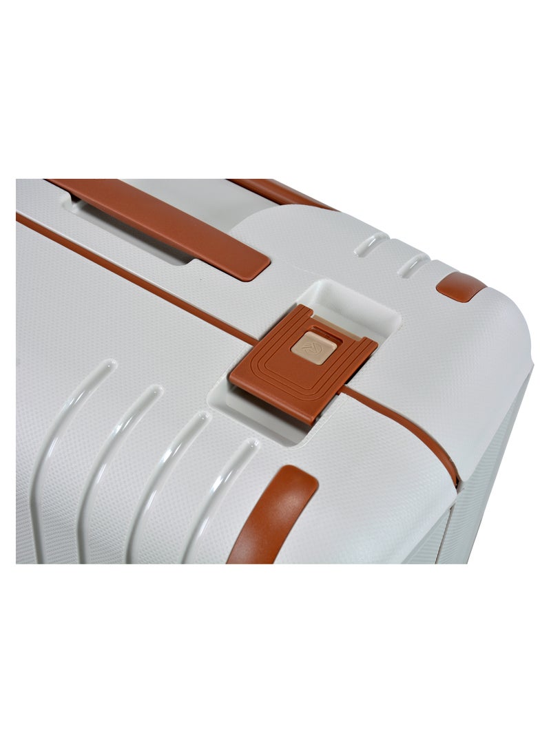 Vertica Hard Case Travel Bag Large Luggage Trolley Polypropylene Lightweight Suitcase 4 Quiet Double Spinner Wheels With TSA Lock B0006 Off White Brown Trim