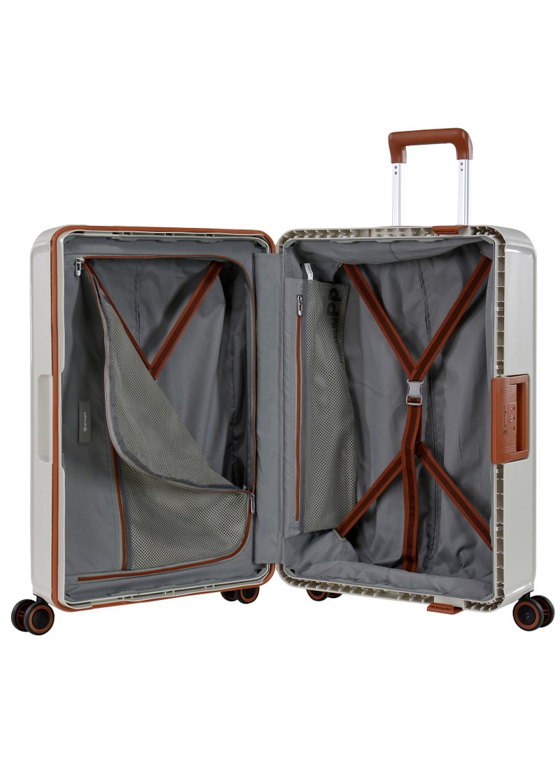 Vertica Hard Case Travel Bag Large Luggage Trolley Polypropylene Lightweight Suitcase 4 Quiet Double Spinner Wheels With TSA Lock B0006 Off White Brown Trim