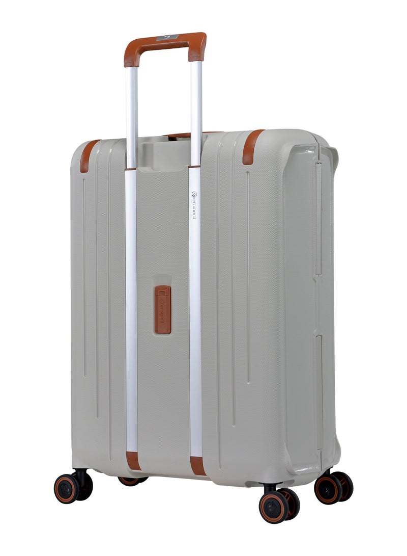 Vertica Hard Case Travel Bag Large Luggage Trolley Polypropylene Lightweight Suitcase 4 Quiet Double Spinner Wheels With TSA Lock B0006 Off White Brown Trim