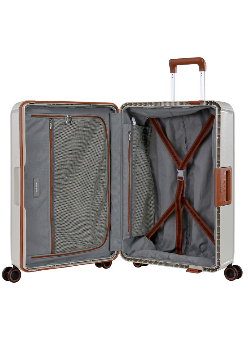 Vertica Hard Case Travel Bag Large Luggage Trolley Polypropylene Lightweight Suitcase 4 Quiet Double Spinner Wheels With TSA Lock B0006 Off White Brown Trim