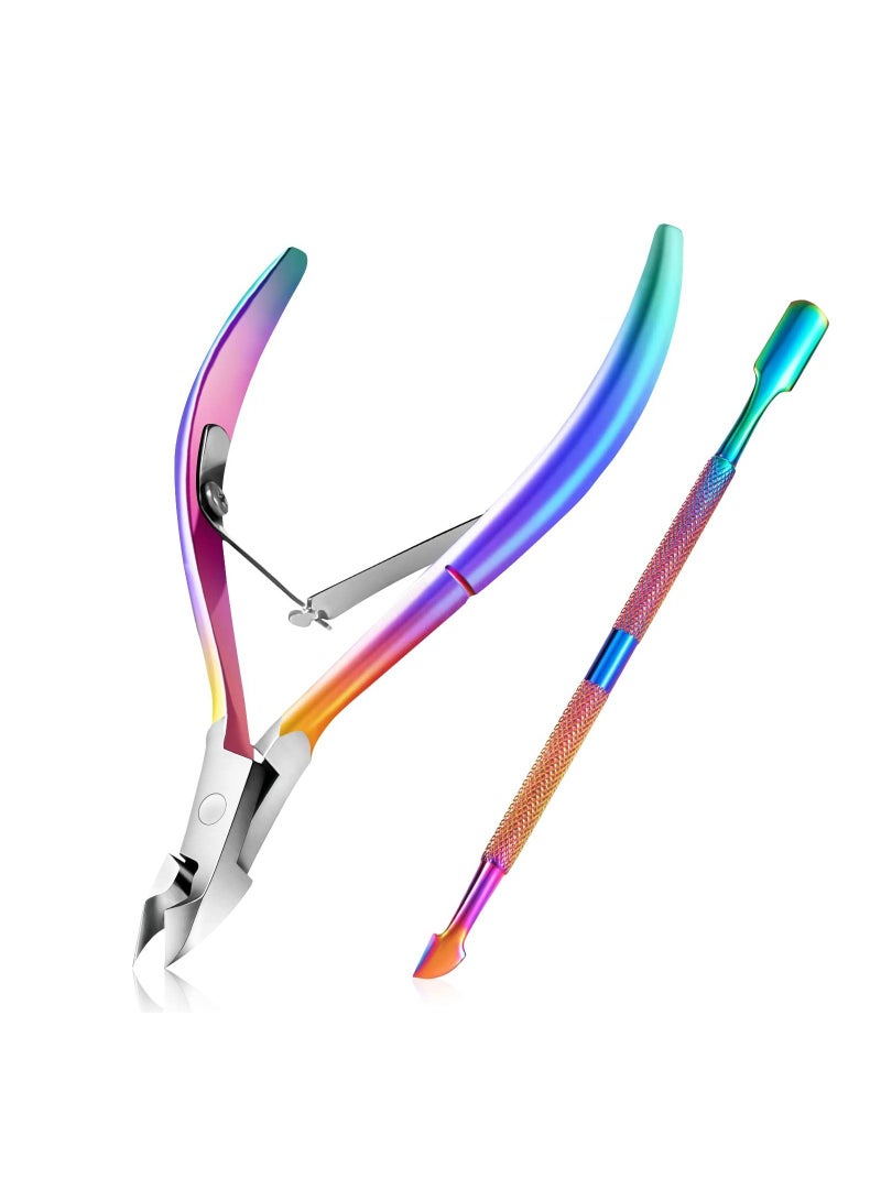 Cuticle Trimmer with Cuticle Pusher, Cuticle Remover Professional Stainless Steel Cuticle Cutter Nippers Rainbow Sharp Durable Pedicure Manicure Tools for Fingernails and Toenails (Rainbow)