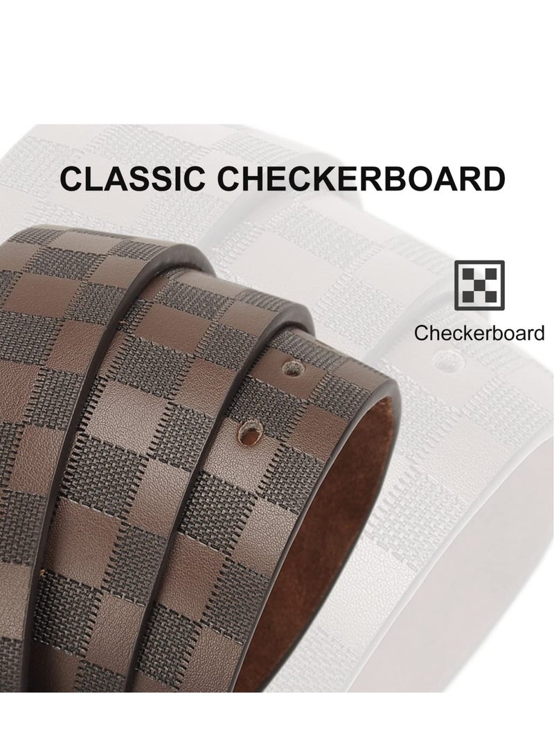 Mens Leather Belt, Checkerboard Embossed Genuine Leather Belt With Pin Buckle Adjustable Wide Waistband Casual/Business Style Belt For Jeans Pants Suits (Black)