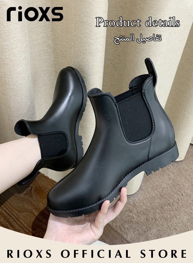 Women's Fashion Chelsea Short Patent Leather Boots Elastic Low Flat Boots Non-Slip Slip On Boots