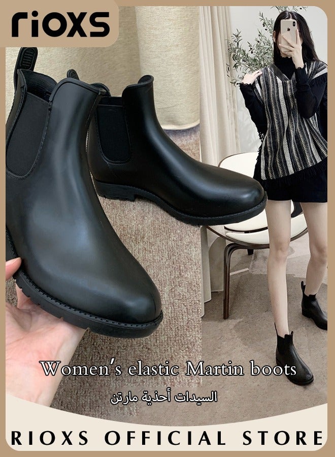 Women's Fashion Chelsea Short Patent Leather Boots Elastic Low Flat Boots Non-Slip Slip On Boots