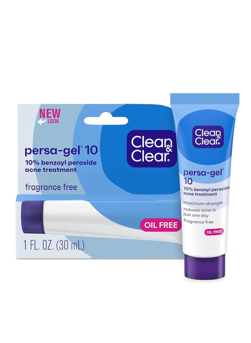 Clean & Clear Persa-Gel 10 Oil-Free Acne Spot Treatment with Maximum Strength 10% Benzoyl Peroxide, Topical Pimple Cream & Acne Gel Medication for Face Acne, Fragrance-Free, 1 fl. oz