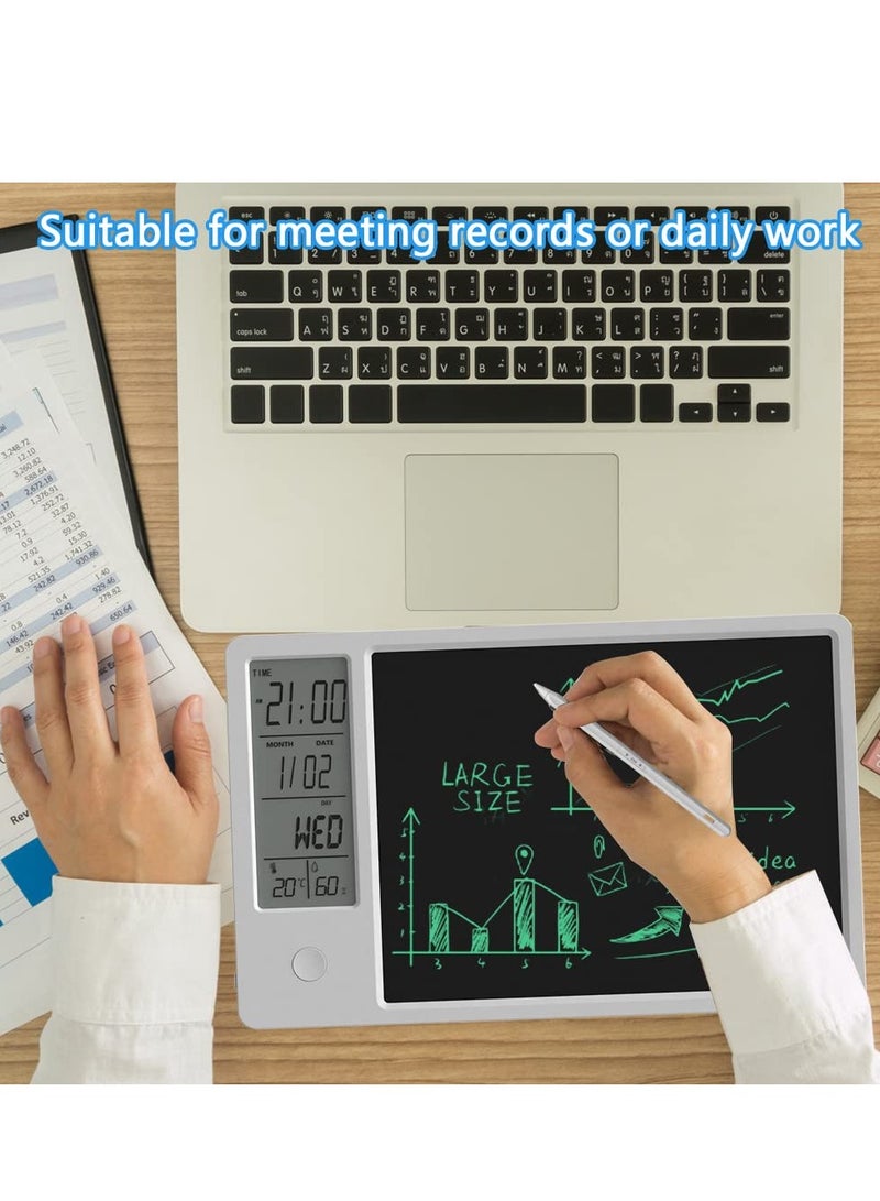 Electronic Desktop Calendar Rechargeable Writing Memo Message Board Notepad with Digital Clock Date Time Week Indoor Temperature Display 9.5inch Drawing Pad for Office Home Business Decor White