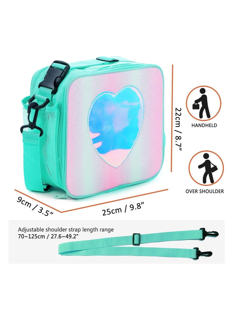 Children's Lunch Box, Rainbow Laser Tote Leakproof Insulated Lunch Bag Reusable Insulated Bento Bag Picnic Ice Bag Girls Simple Shoulder Bag for School and Outdoor Backpack (Green)