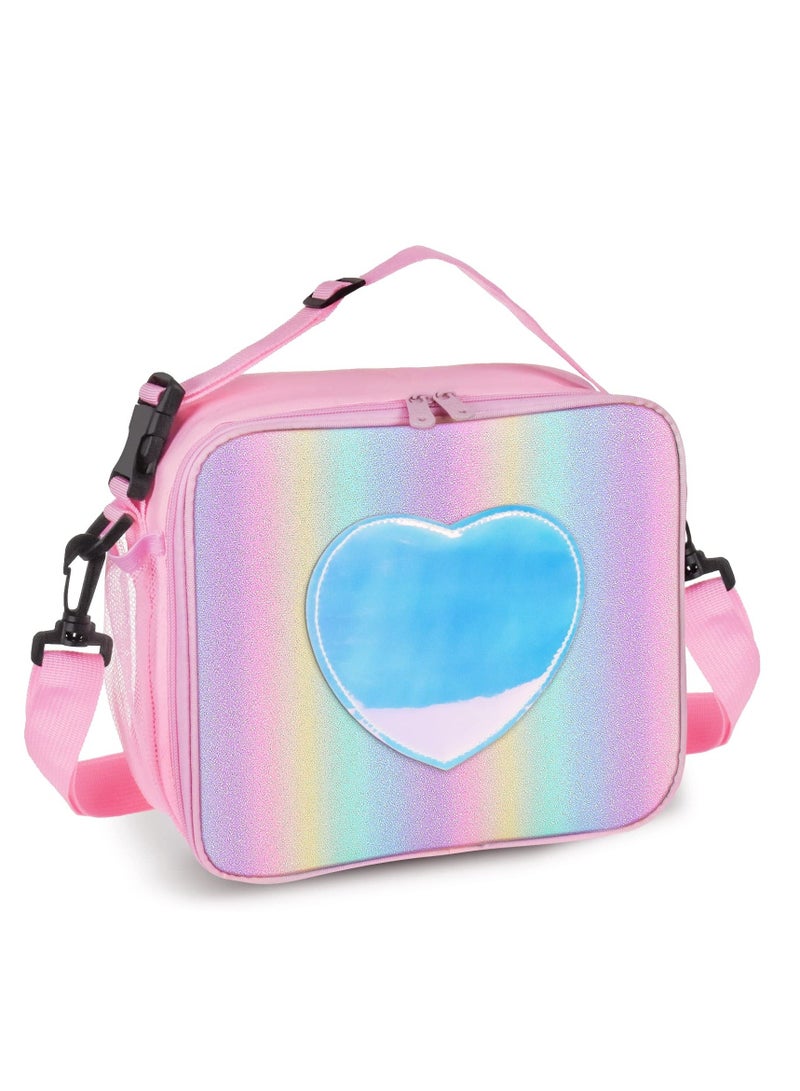 Children'S Lunch Box, Rainbow Laser Tote Leakproof Insulated Lunch Bag Reusable Insulated Bento Bag Picnic Ice Bag Girls (Pink)